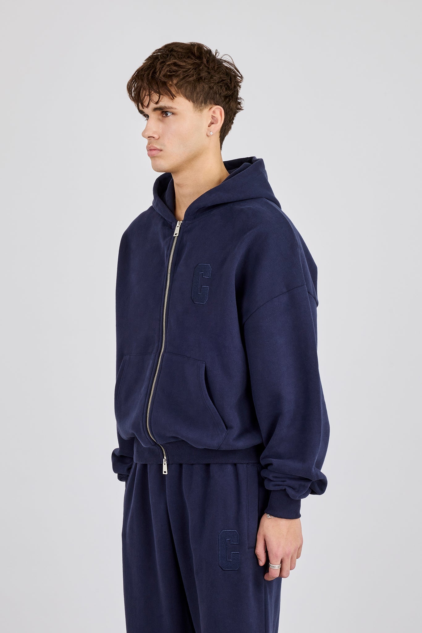 Embroidered C Boxy Zip Through Hoodie - Navy Blue